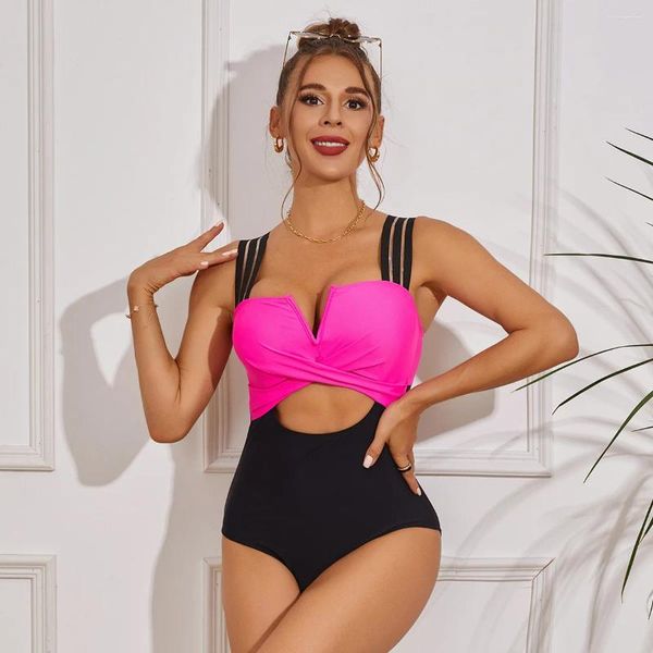 Swimwear Women's Pink One Piece Swimsuit Femme 2024 Body BodySuit Monokini Sexy Backless Cut Out Brésilien Bathing Bathing Costume xl