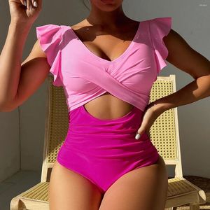 Swimwwear Women Rose Rose One Piece MAINTRAIRE FEMMES 2024 SEXY CUT OUT MONOKINI Patchwork BodySuit Body Nimation Cost Summer Beachwear Ruffle