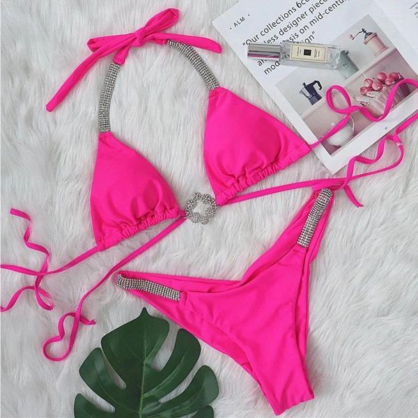 Traje de baño para mujer, Bikinis sexis rosas, traje de baño con diamantes de imitación, Bikini Push Up para mujer, ropa de baño para playa, trajes de baño, bañista 2024