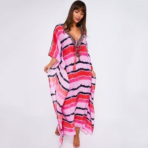 Traje de baño para mujer, kimono a rayas rosa, traje de baño para cubrir, vestido de verano de talla grande, cuello en V, Bikini brasileño suelto de manga corta