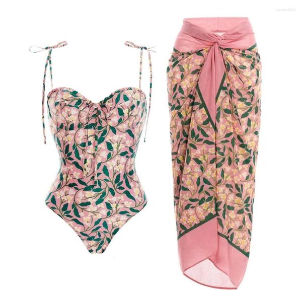 Traje de baño para mujer, traje de baño de una pieza a la moda con estampado de tirantes rosas, Bikini Sexy con cuello Halter para mujer, cubierta elegante con cordones cuadrados irregulares 2023