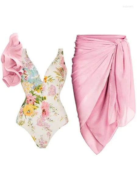 Swimwear de mujeres Pink Sweet Ladies Fashion Floral Impresión de un solo hombro Diseño de encaje de una pieza Bikini Deep V Sexy With Cover Up Beach