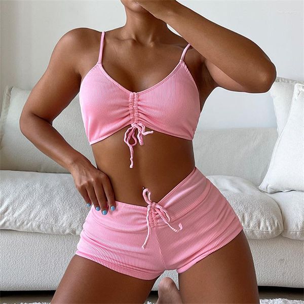 Traje de baño para mujer Pit Strip Doble Hombro Bikini con cordón Traje de baño de dos piezas Mujeres europeas y americanas Vacaciones en la playa