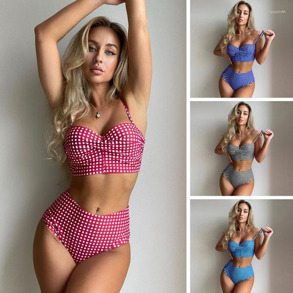 Traje de baño a cuadros para mujer, traje de baño femenino de cintura alta, conjunto de Bikinis de dos piezas, ropa de playa Push Up para chica Sexy, Tankini de natación para mujer 2023