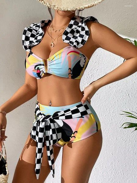 Traje de baño para mujer Plaid Push Up Bandeau Moda Impreso Mujeres Bikini Set Cinturón de cintura alta Biquini Calidad Traje de baño de verano Ropa de playa