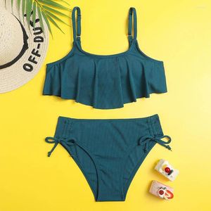 Dames Zwemkleding Effen geribbeld Volant Meisjeszwempak Kinderen Strikzijde Tweedelig Kinderen 7-14 jaar Tiener Bikini Set Badpak Strandkleding