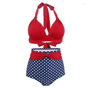 Bikini plikini plissé pour femmes bleu marine bleu marine avec des points blancs inférieurs féminins classiques hauts licou licou plus taille deux pièces