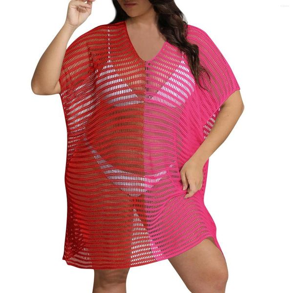 Traje de baño para mujer Tallas grandes Choque de colores Empalme Profundo V Ahuecado Camisa tejida Encubrimientos exteriores Llamativo Moda