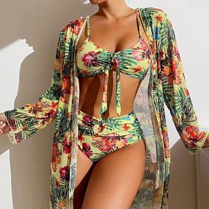 Women's Swimwear Plus Size High Waist 3 Piece Bikinis Sets Summer Swimsuit Woman 2023 Cover Up Long Sleeve Push