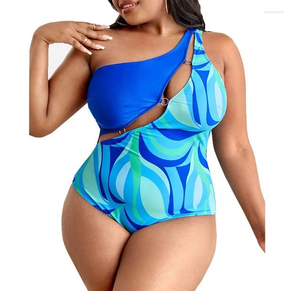 Swimwear féminin Plus taille une épaule découpée en maillot de bain High Stretch Sexy Beachwear Creux Imprimé