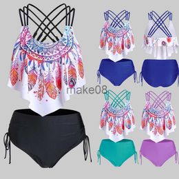 Maillots de bain pour femmes Plus Size Tankini Maillots de bain Femmes Plume Imprimer Pushup Rembourré Overlay Flounce Crisscross Tankini Maillots De Bain Biquinis Feminino J230704