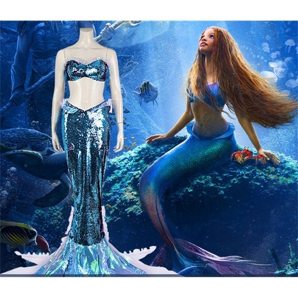 Maillot de bain femme Princesse Cosplay Costume Halloween Fantaisie Robe bleue Sirène Femme Jupe à paillettes 230629