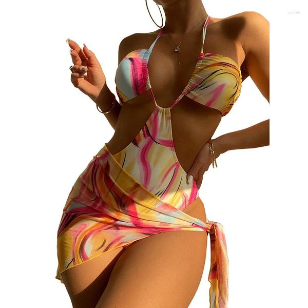 Traje de baño para mujer Estampado floral de una pieza Monokini Tanga sexy Corte alto Bikini Body Halter Trajes de baño con falda para cubrir la playa