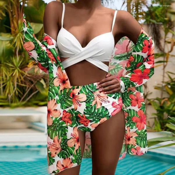 Maillots de bain pour femmes Imprimé Beach Cardigan Beachwear Floral Print Bikini Ensemble avec taille haute Slip Cross Sling Bra Cover-up pour