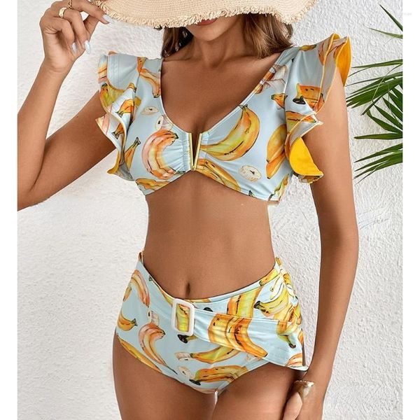 Maillot de bain imprimé pour femmes, Double couche, fendu à volants, taille haute, Bikini à bandes