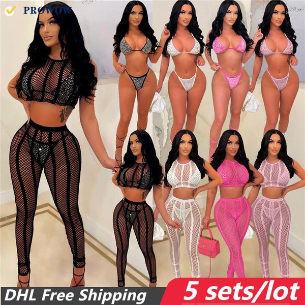 Traje de baño para mujer PROWOW 5 SETS Trajes de baño al por mayor Traje de bikini de diamante sexy de alta calidad Mujeres Conjunto de 4 piezas Ver a través de traje de baño de malla