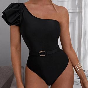 Maillots de bain pour femmes Bikini à manches bouffantes Taille haute Maillot de bain une épaule Noir Monokini Femmes élégantes Sexy One Piece Beach Wear Maillot de bain