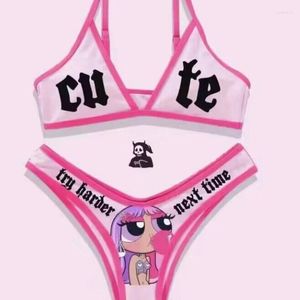 Damesbadmode Punk Gothic Letters Print Bikini Set Sexy Bikini Dames Schedelpatroon V-hals Mode Badpak Badpak