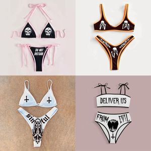 Dames badkleding punk gotische letters print bikini's set sexy bikini 2023 dames schedel patroon vneck mode zwempak badpak 230420