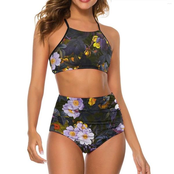 Traje de baño para mujer Conjunto de bikini floral púrpura Traje de baño de cadena de bosque de medianoche Trajes de playa divertidos estampados de surf de cintura alta sexy