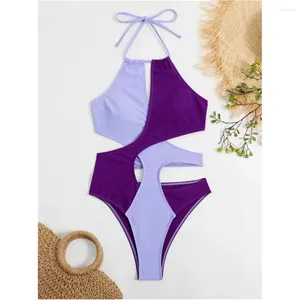 Maillots de bain pour femmes Purple Halter Bikini Cross Patchwork Maillot de bain Irrégulier Creux Out Femmes Beach Outfit Maillot de bain Bikinis Set Biquinis