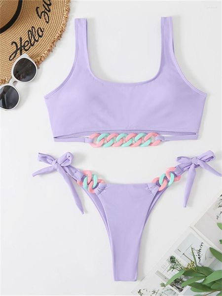 Traje de baño de mujer Push Up Bikini Set verano traje de baño Tanga Sexy 2023 mujer sólido púrpura traje de baño femenino ahueca hacia fuera la correa de Color