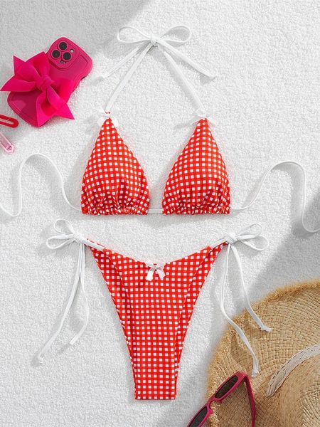 Swimwear pour femmes Push Up Bikini Set Femmes Sexy Red Plaid Imprimé Micro Swimsuit 2024 Brésilien Coupure de plage Coupure de plage Trul