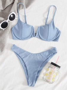 Dameszwemkleding Push Up Bikini Thong Women Swimsuit Solid V Neck Ribbed Swimini's Set Zomer Beachwear Badenkast voor vrouwelijk 230421