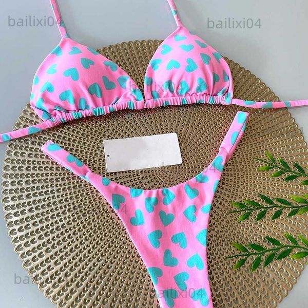 Traje de baño para mujer QINJOYER Traje de baño rosa Mujeres Bikini brasileño Lindo estampado de corazón Traje de baño Sexy Tanga Bikini Set 2023 Traje de baño Mujer Ropa de playa T230417