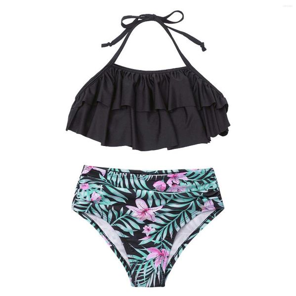 Traje de baño de secado rápido para mujer, Tankini para niños y niñas, ropa de playa ajustable con cuello Halter, conjuntos de traje de baño, Tops con volantes, pantalones con estampado Floral