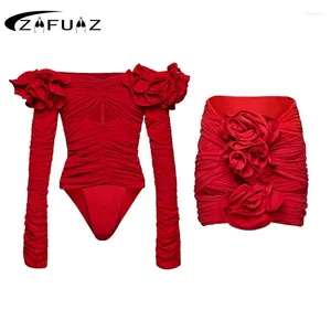 Dames Badmode Rood 2023 Sexy 3D Bloem Uitsparing Een Stuk Rok Luxe Vrouwen Badpak Bikini Set Strand Biquini Badpak jurk