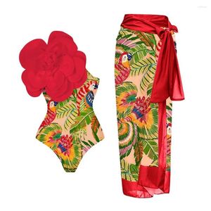 Dames badmode rood 2024 sexy vrouw een schouder 3d bloemstuk zwempak sarong vakantie retro designer badpak strand deksel