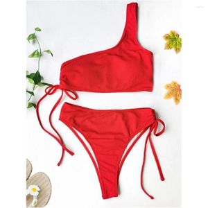 Dames Zwemkleding Rode Bikini Trekkoord Badpak Strappy String Eén schouder Geribbelde Strandoutfits Dames Badpak Bikini's Set Badpakken