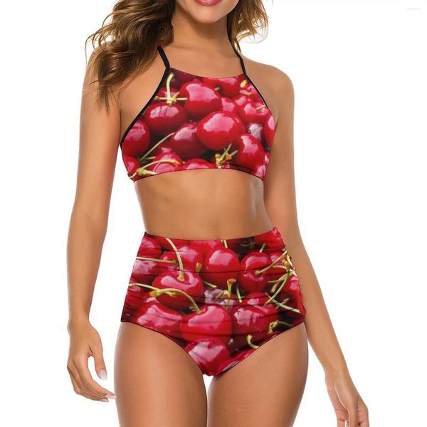 Traje de baño para mujer Conjunto de bikini con estampado de cerezas rojas Lindo traje de baño con cordón de frutas Traje de baño sexy de cintura alta Diseño de fitness Bikinis femeninos retro