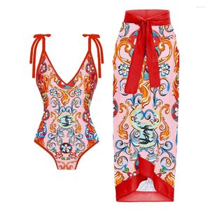 Dames Badmode Rood Geschilderde Print Slanke Bikini Eendelig Strikbandjes V-hals Badpak Damesmode Trekkoord Onregelmatige Cover-Up Strandjurk