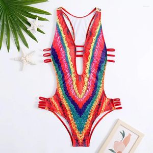 Swimwwear Women Red Retro Print One Piece Swimsuit Sexy Sexy Deep V-Neck Bikini High Taist Bandage Hollow Out Summer Beach Monokini 2024