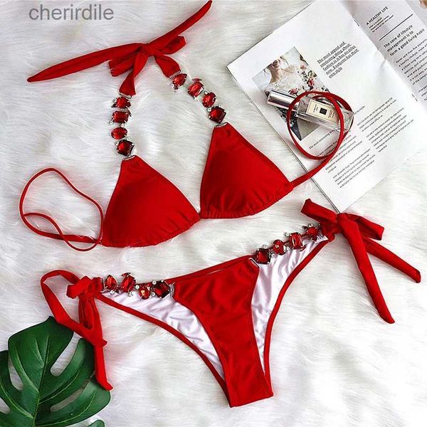 Traje de baño para mujer Bikinis sexys rojos Traje de baño con diamantes de imitación Color sólido Traje de baño Mujer Push Up Bikini Playa Nadar Trajes de baño Mujer Bañista 2023 YQ231215