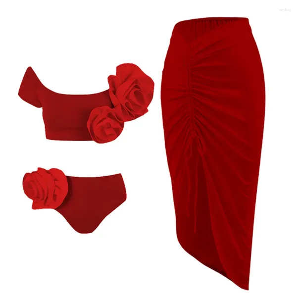Traje de baño para mujer Hombro rojo Estéreo Flor Bikini Sexy Cintura baja Backcut Ropa de playa Irregular Elegante Cubierta Damas 2023 Falda