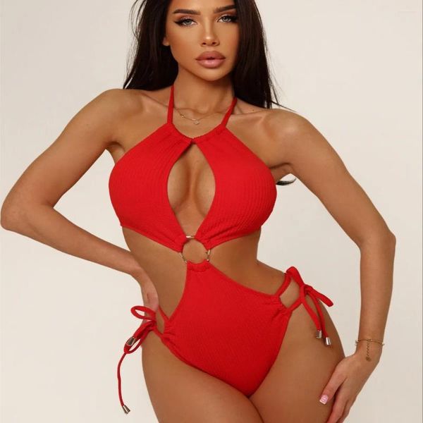 Swimwwear Women Red Color Color One Piece Swimsuit For Women 2024 High Waist Hollow Out Bikini Suspender Backless Summer Monokini