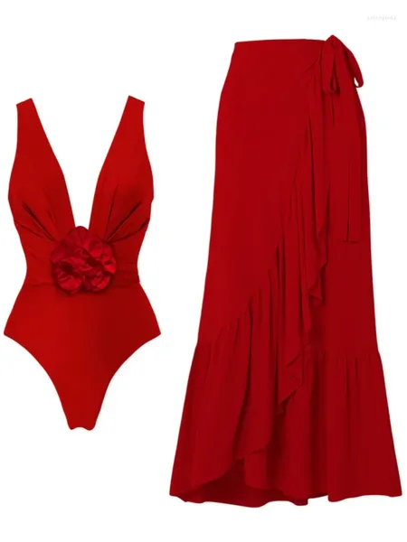 Swimwear Women Retro Bikini Fashion Red One Piece Swimsuit et Couvrent une jupe Bandage serré Summer Plage Luxury Elegant