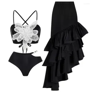 Swimwear Women's Retro Black Bikini imprimé Fashion One Piece Swimsuit et Couvrir une jupe Bandage serré Summer Beach Luxury Elegant