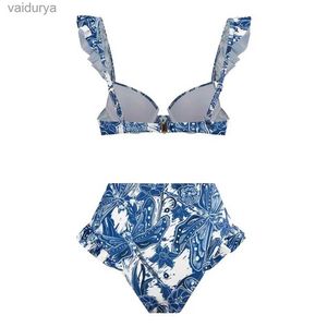 Damesbadmode Retro bloemenprint bikiniset met strandoverrok Bohemenstijl Bandeau-bh met ruches aan de mouwen Hoog voor dames yq240330