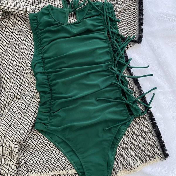 Trajes de baño de mujeres Bikini verde plisado traje de baño Ruchada encaje de tiras