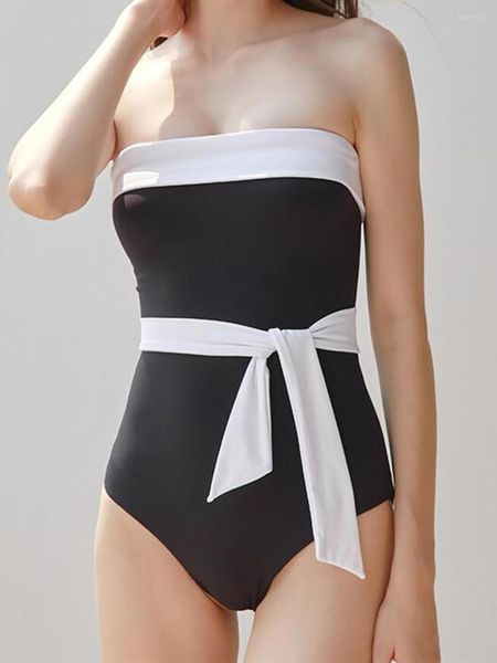 Maillot de bain femme rétro Vintage noir blanc maillot de bain Sexy femmes taille haute ceinture 2023 Bandeau maillot de bain une pièce été Monokini