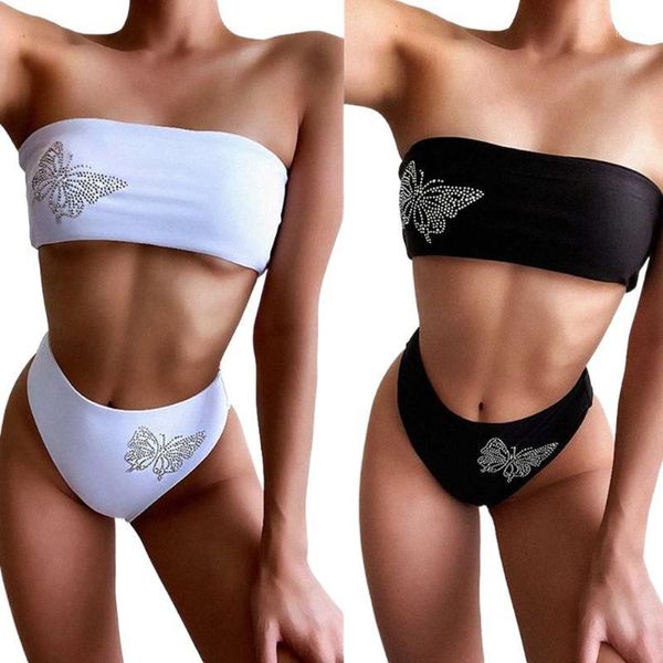 Bañador de mujer con diamantes de imitación y mariposa, traje de baño femenino de verano 2021, conjunto de Bikini negro de cintura alta sin tirantes Sexy para mujer, dos piezas blancas