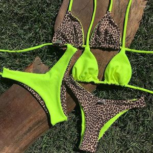 Dames Badmode Geribbelde Bikini's Badpak Sexy Luipaardprint Bikini Set 2024 Beachwear String Badpakken Micro String Biquini