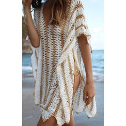 Maillots de bain pour femmes Rinabe rayé paréo tricoté évider couverture extérieure 2022 Crochet Vestidos Side Split Smock Femmes Cover-ups Sexy Beach Dress