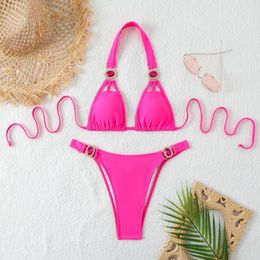 Dames badmode roze rode strass 2 -delige zwempak voor vrouwen lage taille vaste kleur bikini verbanden Suspener Backless zomer 2024