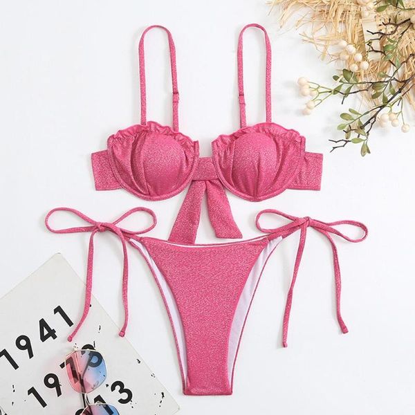 Traje de baño para mujer Traje de baño con volantes en rojo rosa 2023 Bikini con aros sexy para mujer Traje de baño de 2 piezas Tirante de verano con cordones Playa sin espalda