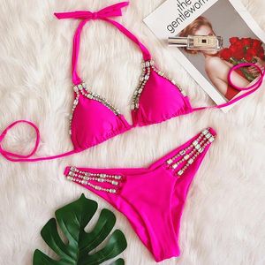 Maillots de bain pour femmes Rose rouge sexy bikinis maillot de bain avec strass femmes femme push up bikini plage maillot de bain maillots de bain piscine baigneur